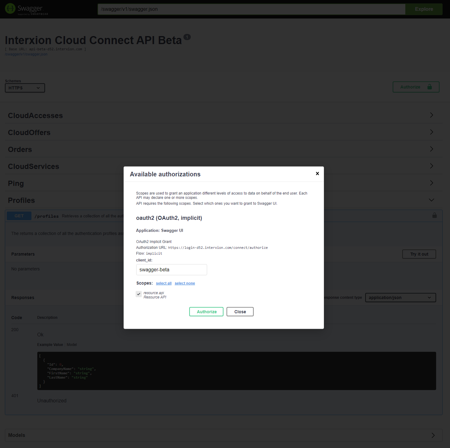 Swagger with available authorizations window open showing resource.api checkbox