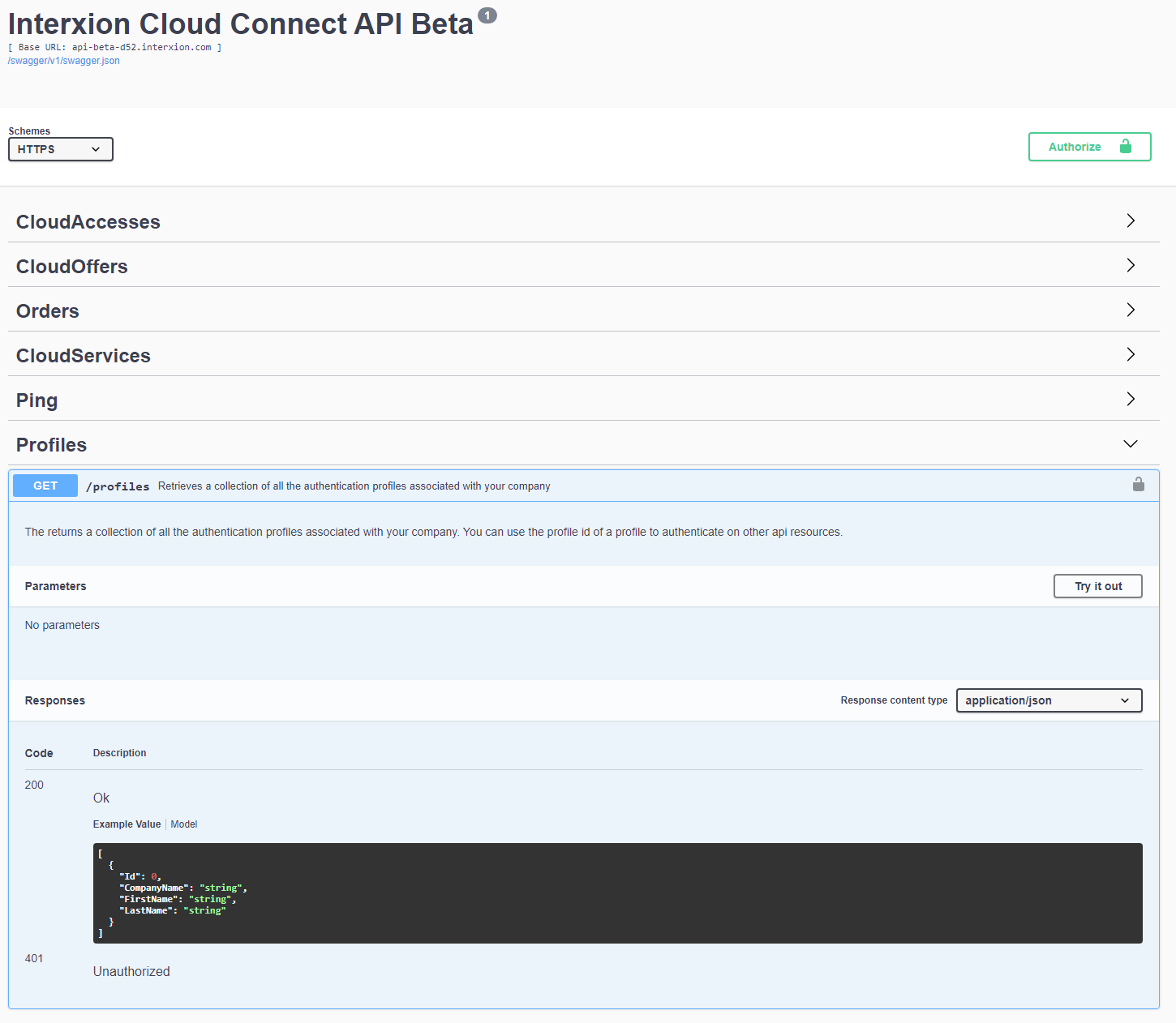 Swagger with profile endpoint expanded